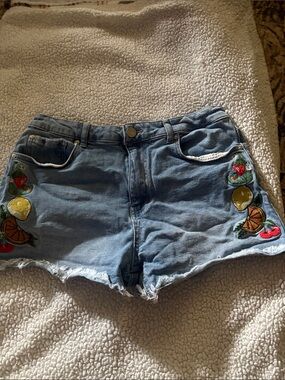 Indigo Rein Light Blue Denim Fruit Embroidered Shorts